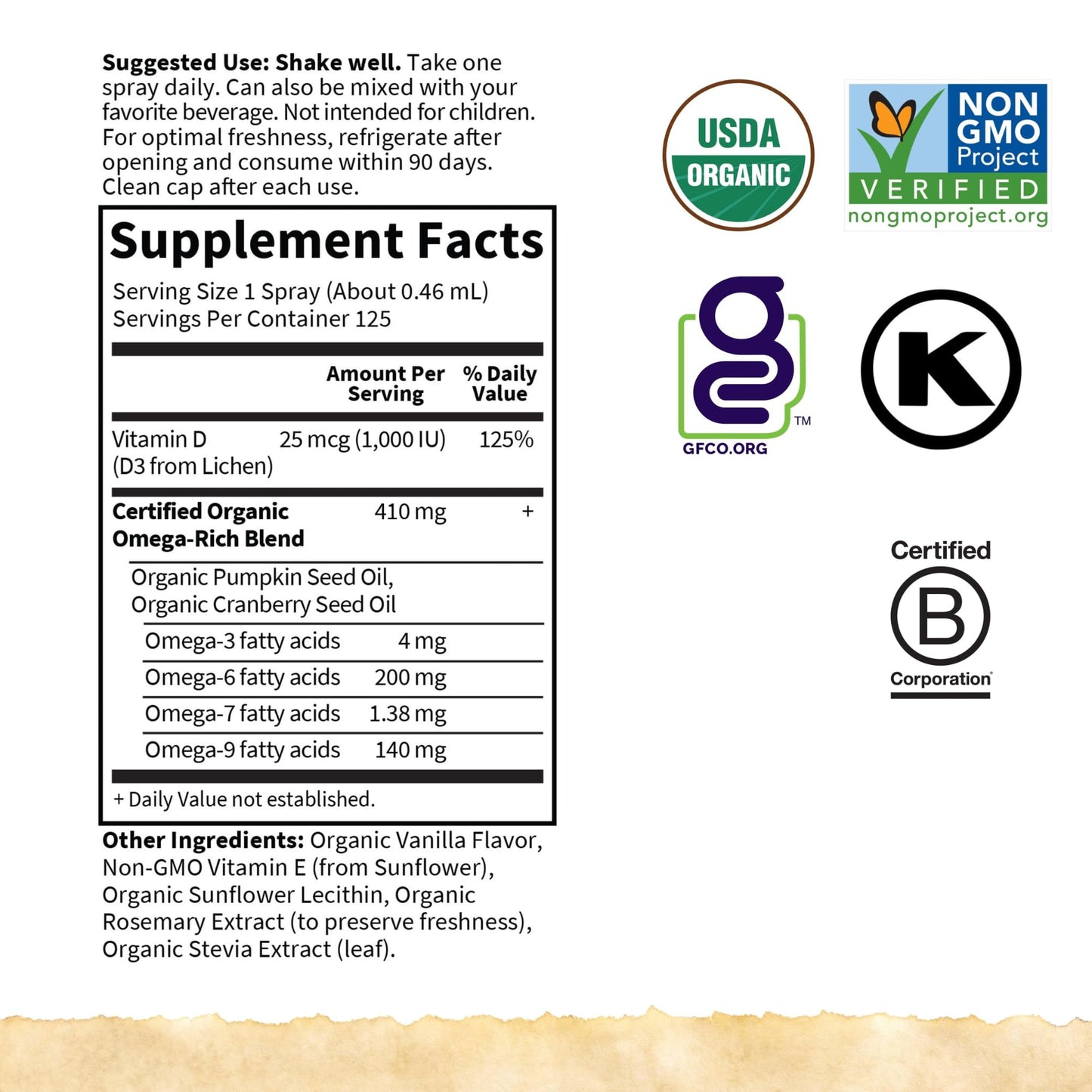 Garden of Life mykind Organics Vegan Vitamin D3 for Women and Men, Liquid 1000 IU Per Spray, D3 Plus Omegas - Vanilla Flavor - 125 Servings - 2fl oz Liquid Whole Food D3 Vitamin Supplement