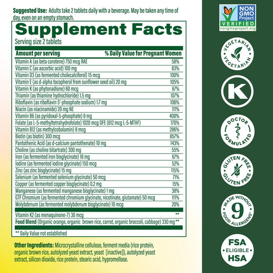 MegaFood Baby & Me 2 Prenatal Multi - Prenatal Vitamins for Women Before & During Pregnancy with Choline, Methyl Folate, and Iron - Dr. Formulated, Gluten-Free, Vegetarian