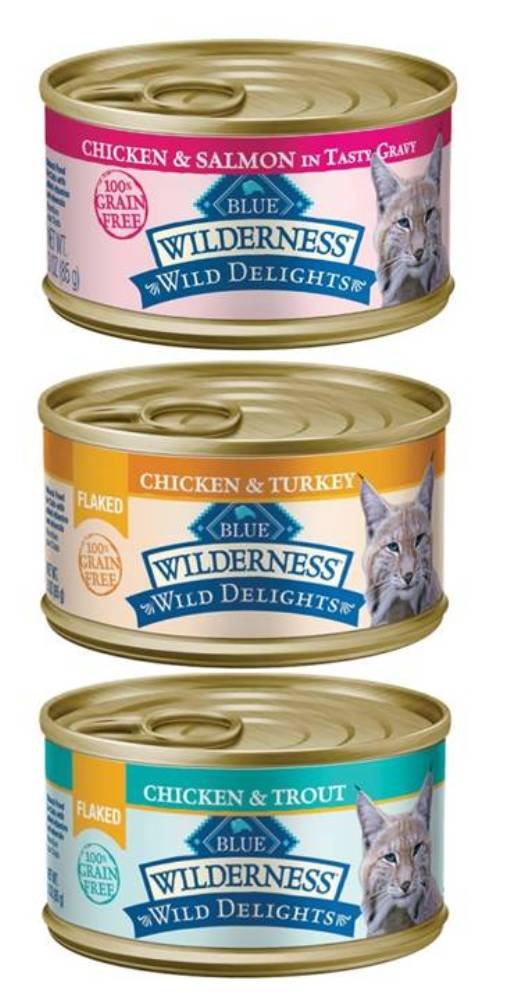 Blue Buffalo Wild Delights Grain Free Natural Cat Food 3 Flavor Variety 6 Can Bundle: (2) Flaked Turkey/Gravy, (2) Chicken/Salmon/Gravy, and (2) Flaked Trout, 3 Oz. Ea.
