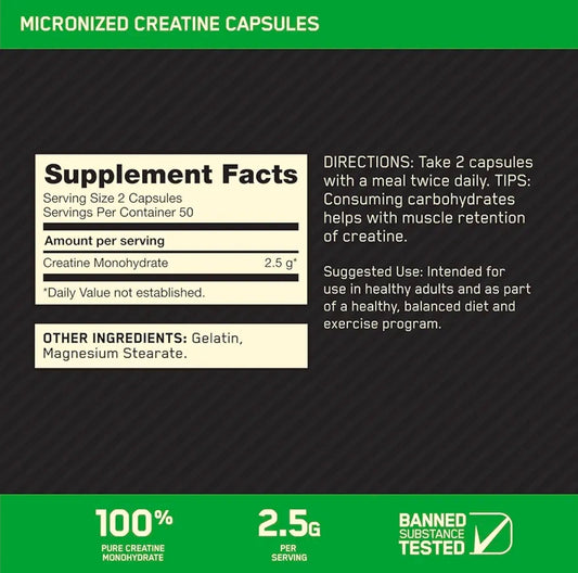 Optimum Nutrition Micronized Creatine Monohydrate Capsules, Keto Friendly, 2500mg