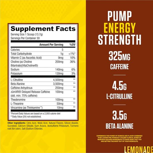 RYSE Loaded Pre Workout Powder - Country Time Lemonade - Daily Pre-Workout for Men & Women with 325mg Caffeine, Beta Alanine, and Citrulline for Pump, Focus, and Energy - 30 Servings