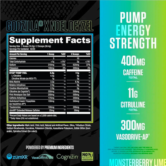 RYSE Godzilla X Noel Deyzel Pre Workout Powder - Monsterberry Lime - 400mg Caffeine