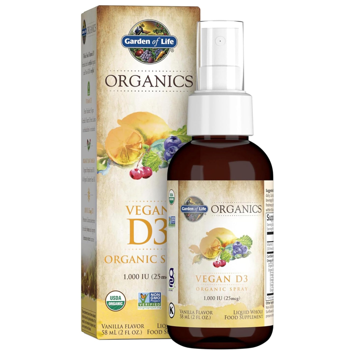 Garden of Life mykind Organics Vegan Vitamin D3 for Women and Men, Liquid 1000 IU Per Spray, D3 Plus Omegas - Vanilla Flavor - 125 Servings - 2fl oz Liquid Whole Food D3 Vitamin Supplement