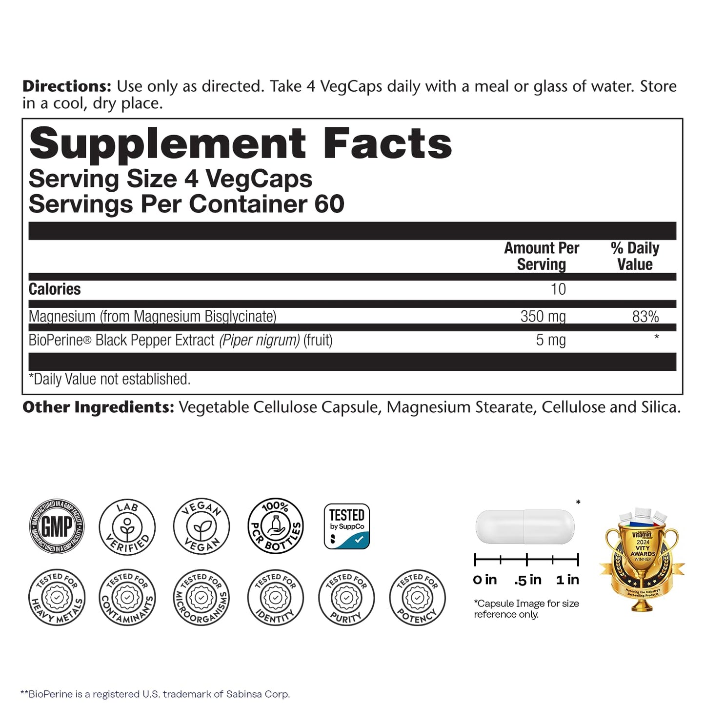 SOLARAY Magnesium Glycinate Capsules, Chelated Magnesium Bisglycinate w/BioPerine, Higher Absorption Magnesium Supplement - Bones, Muscles, Heart Support, Vegan