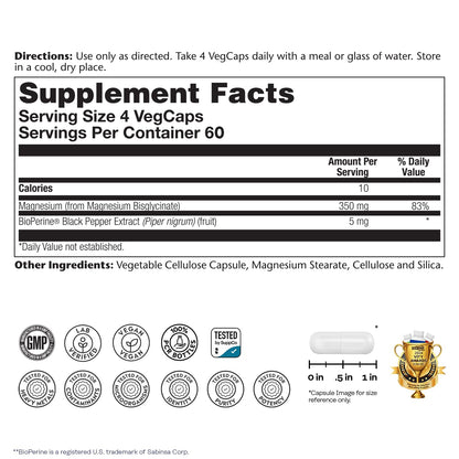 SOLARAY Magnesium Glycinate Capsules, Chelated Magnesium Bisglycinate w/BioPerine, Higher Absorption Magnesium Supplement - Bones, Muscles, Heart Support, Vegan