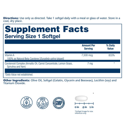 SOLARAY Food Carotene 7500mcg (25000 IU) - Beta Carotene Vitamin A Supplement