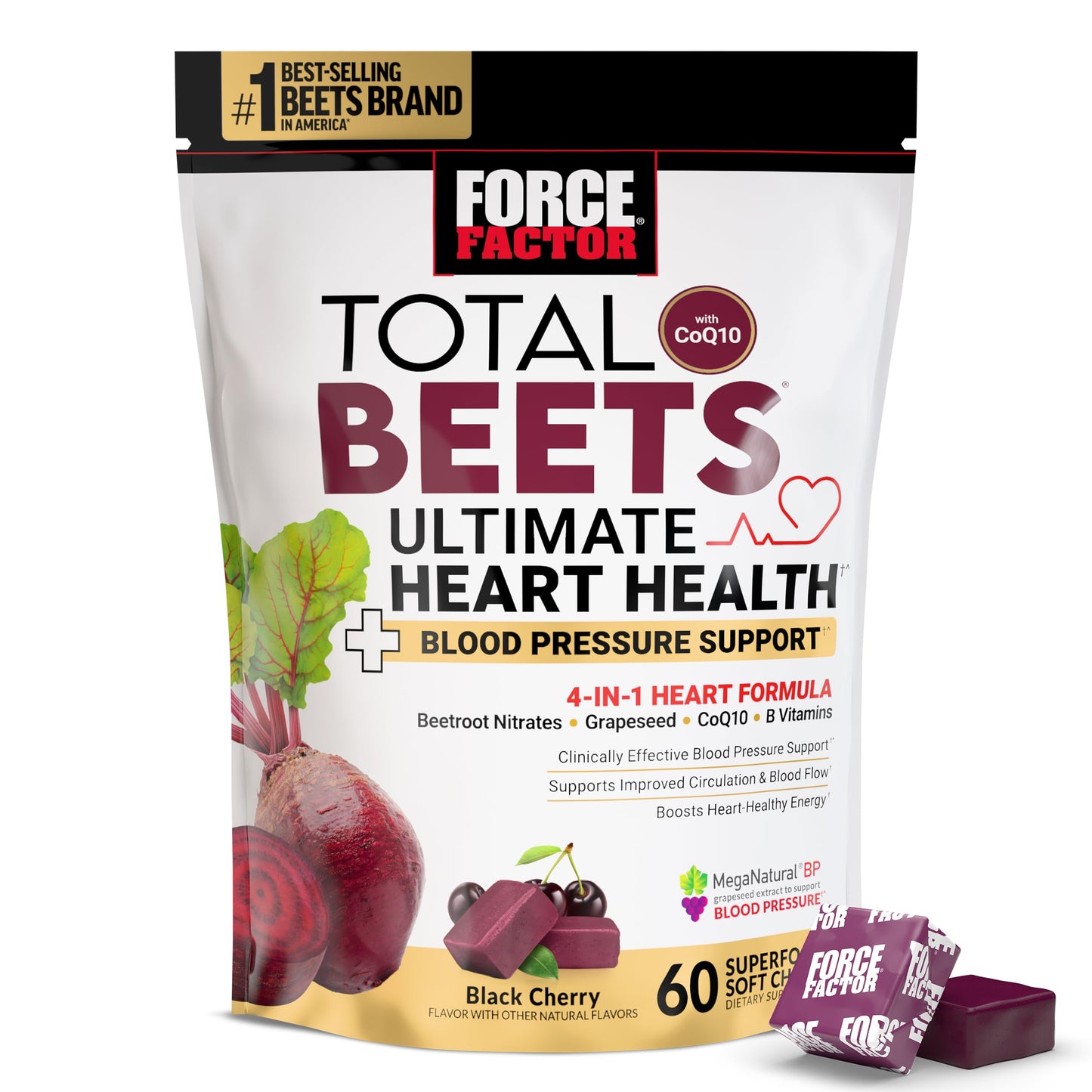 Force Factor Total Beets Ultimate Heart Health Blood Pressure Support Chews with CoQ10, Beet Root Powder, Grape Seed Extract, Blood Pressure Supplement for Circulation & Blood Flow, 60 Soft Chews