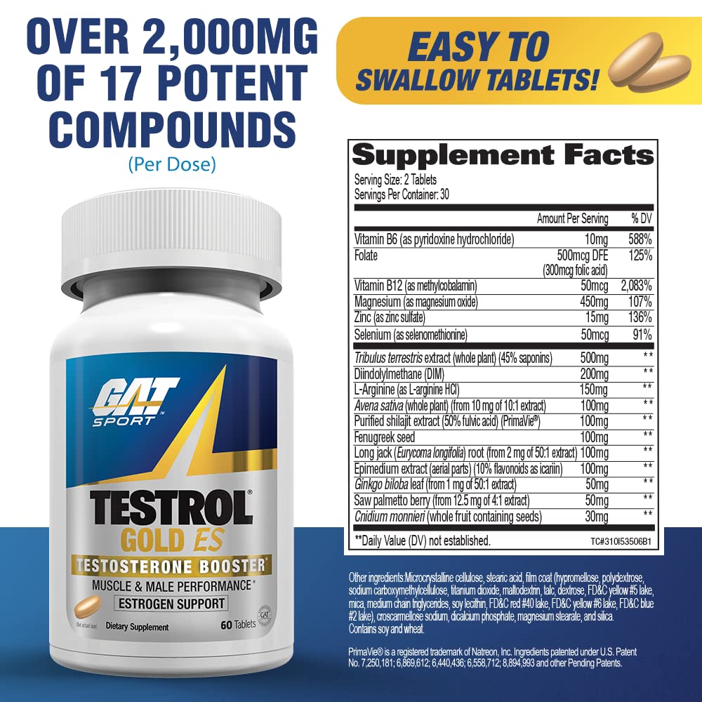 GAT SPORT Testrol Gold ES, Tribulus, DIM, Zinc, Longjack, Fenugreek, Saw Palmetto