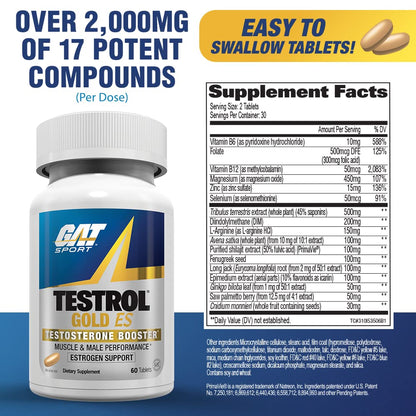 GAT SPORT Testrol Gold ES, Tribulus, DIM, Zinc, Longjack, Fenugreek, Saw Palmetto