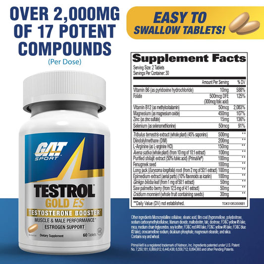 GAT SPORT Testrol Gold ES, Tribulus, DIM, Zinc, Longjack, Fenugreek, Saw Palmetto, Estrogen Balance, 60 Tablets