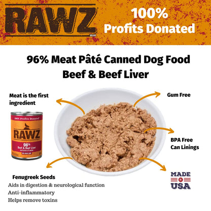 Rawz 96% Meat Canned Wet Food for Dogs 12 Pack/ 12.5 oz. Cans