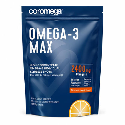 Coromega MAX 2400mg Omega-3 Fish Oil + Vitamin D Squeeze Packets, Wild-Caught, No Fishy Taste - 3X Better Absorption Than Softgels, Supports Brain & Heart Health