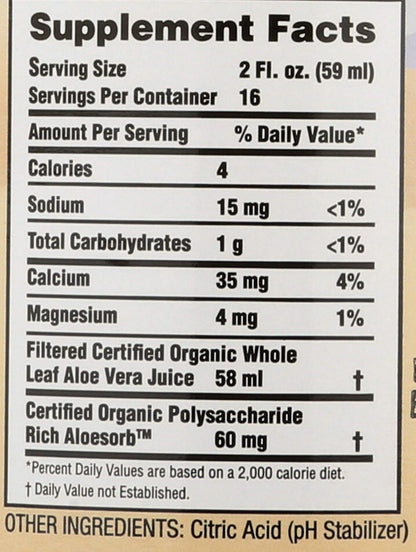 Aloe Vera Juice Organic Whole Leaf No Preservatives - 32 oz - Liquid