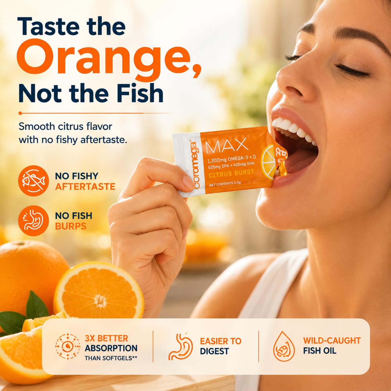 Coromega MAX 2400mg Omega-3 Fish Oil + Vitamin D Squeeze Packets, Wild-Caught, No Fishy Taste - 3X Better Absorption Than Softgels, Supports Brain & Heart Health