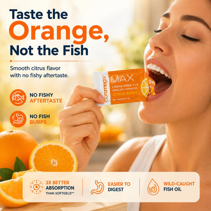 Coromega MAX 2400mg Omega-3 Fish Oil + Vitamin D Squeeze Packets, Wild-Caught, No Fishy Taste - 3X Better Absorption Than Softgels, Supports Brain & Heart Health