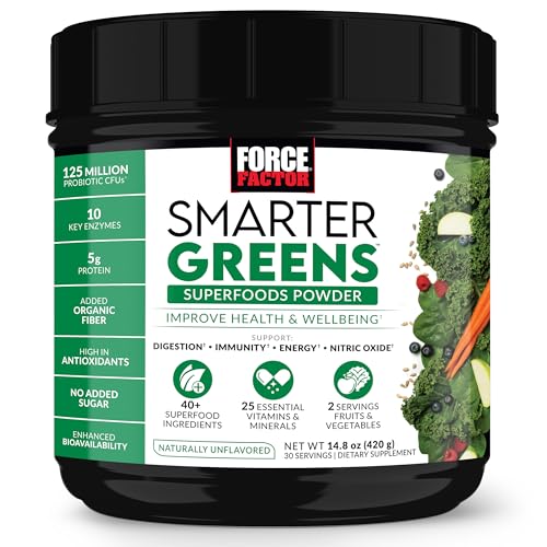 Force Factor Smarter Greens Superfood Powder - Probiotics & Enzymes, 30 Servings