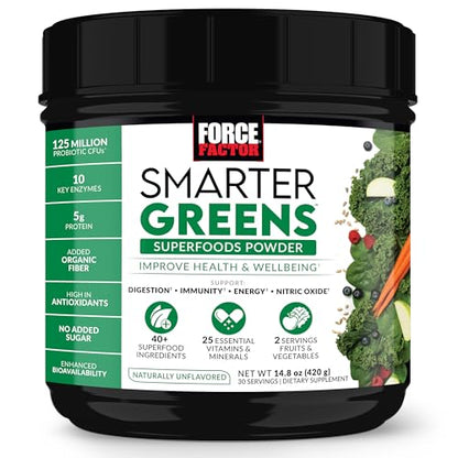 Force Factor Smarter Greens Superfood Powder - Probiotics & Enzymes, 30 Servings