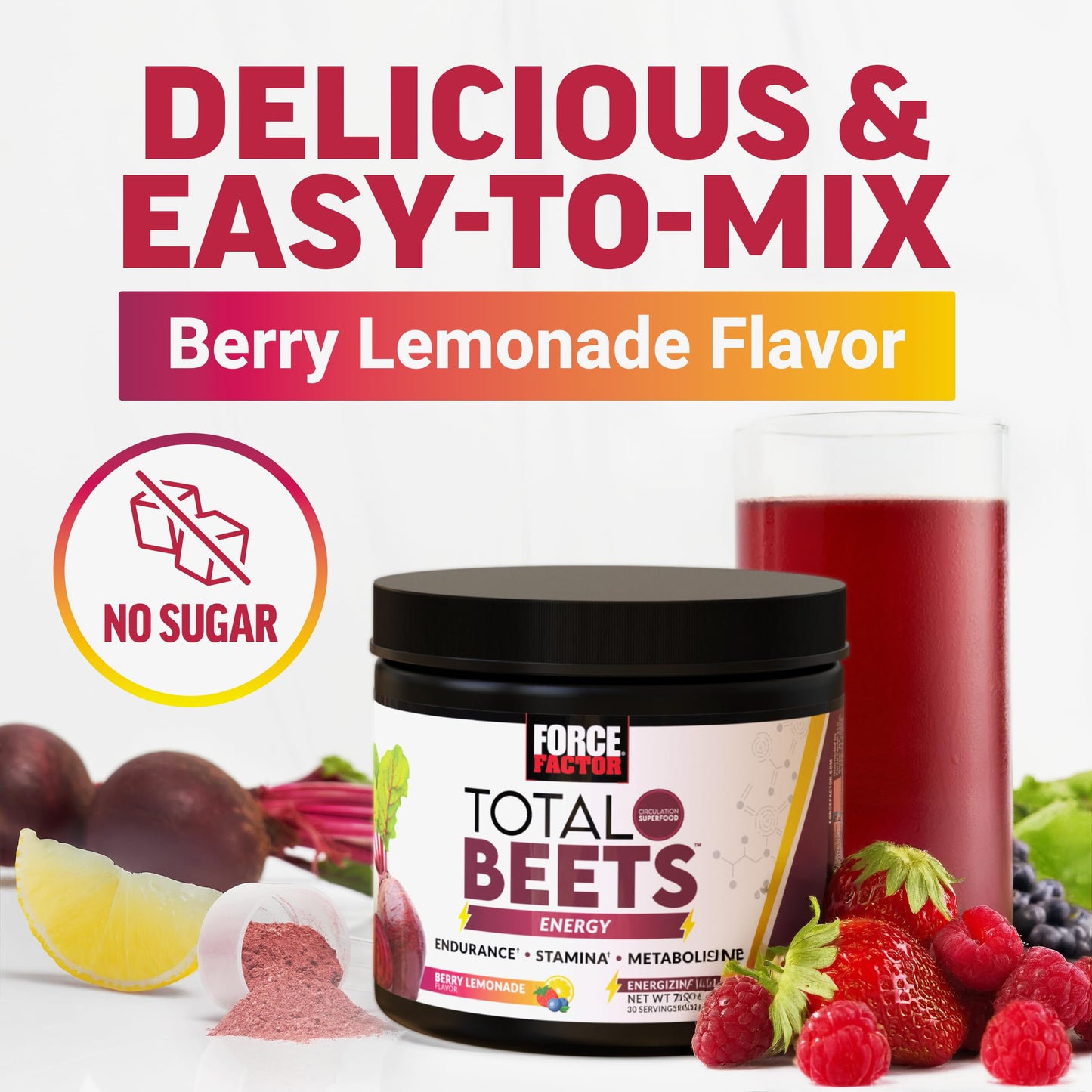 Force Factor Total Beets Energy Drink Mix, Superfood Beet Root Powder with Nitrates to Boost Energy and Support Circulation, Blood Flow, Nitric Oxide and Stamina, Heart Health Supplement