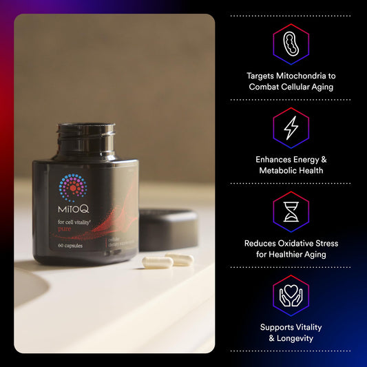 MitoQ Pure Advanced Mitochondria Supplement Superior Bioavailability to CoQ10 | Reduces Free Radical Damage for Healthy Aging, Metabolism, Heart Health, Energy, Strength & Mobility