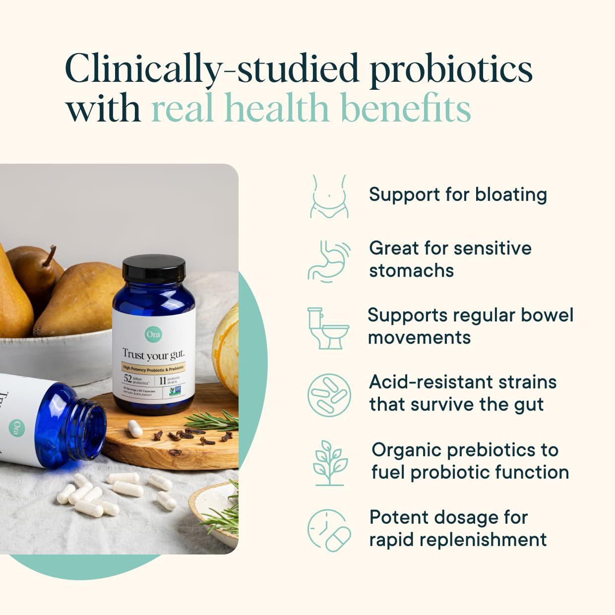 Ora Organic Probiotics and Prebiotics for Digestive Wellness - 16 Billion CFU