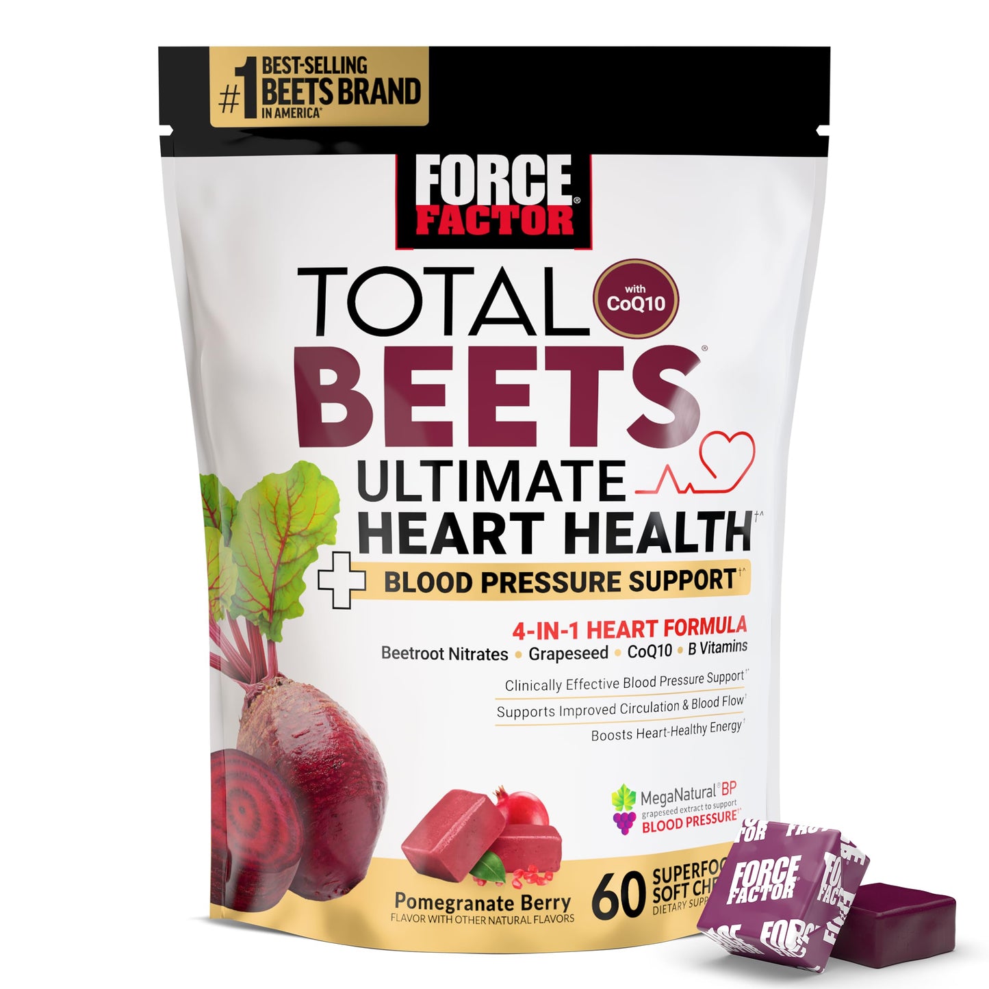 Force Factor Total Beets Ultimate Heart Health Blood Pressure Support Chews with CoQ10, Beet Root Powder, Grape Seed Extract, Blood Pressure Supplement for Circulation & Blood Flow, 60 Soft Chews