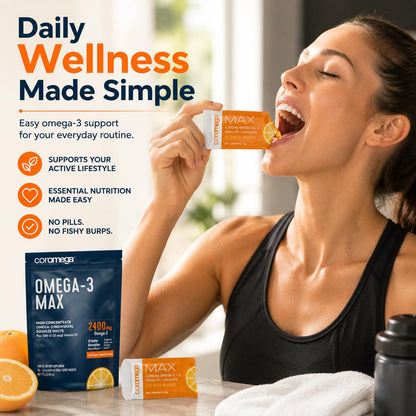 Coromega MAX 2400mg Omega-3 Fish Oil + Vitamin D Squeeze Packets, Wild-Caught, No Fishy Taste - 3X Better Absorption Than Softgels, Supports Brain & Heart Health