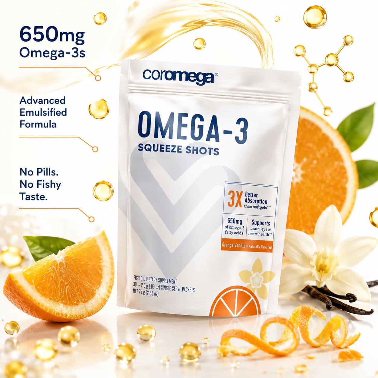Coromega Omega-3 Fish Oil Squeeze Packets - 650mg EPA & DHA