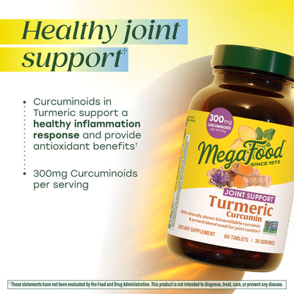 MegaFood Turmeric Curcumin Supplement - Joint Support Supplement, Turmeric Curcumin with Black Pepper, Boswellia Extract & Ginger Root, Vegan, Non-GMO, 60 Tablets (30 Servings)