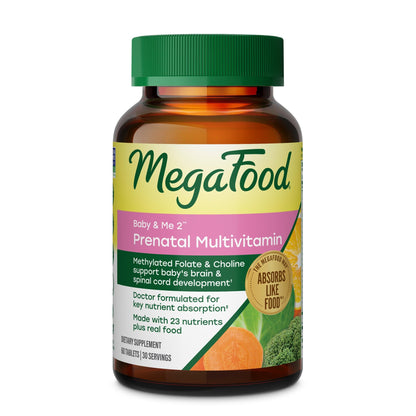 MegaFood Baby & Me 2 Prenatal Multi - Prenatal Vitamins for Women Before & During Pregnancy with Choline, Methyl Folate, and Iron - Dr. Formulated, Gluten-Free, Vegetarian
