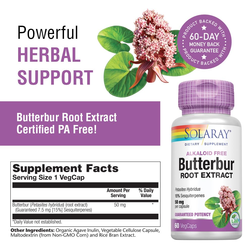 SOLARAY Unflavored Capsules Butterbur Muscle Support 50Mg Yes Vegetarian,Vegan