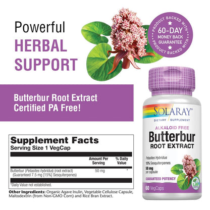 SOLARAY Unflavored Capsules Butterbur Muscle Support 50Mg Yes Vegetarian,Vegan