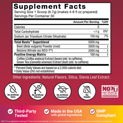 Force Factor Total Beets Energy Drink Mix, Superfood Beet Root Powder with Nitrates to Boost Energy and Support Circulation, Blood Flow, Nitric Oxide and Stamina, Heart Health Supplement