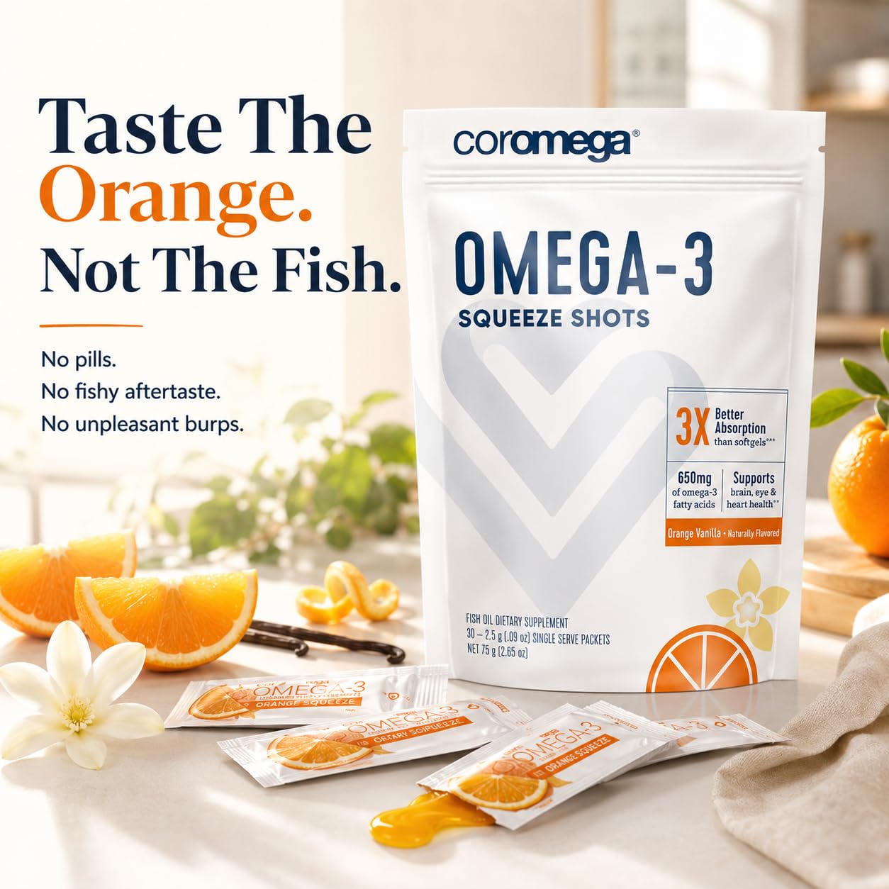 Coromega Omega-3 Fish Oil Squeeze Packets - 650mg EPA & DHA