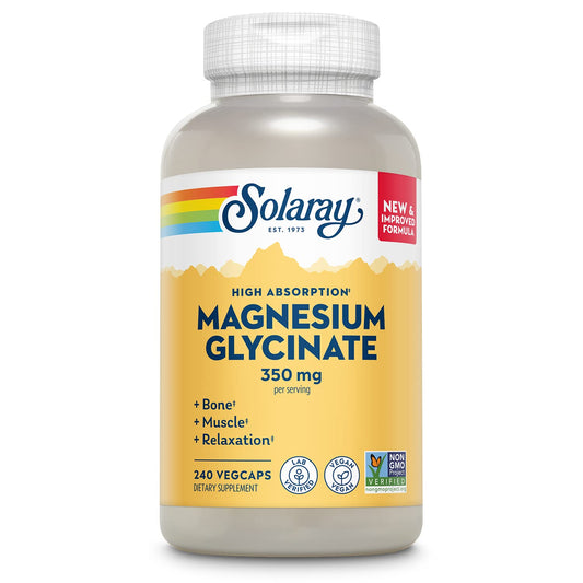 SOLARAY Magnesium Glycinate Capsules, Chelated Magnesium Bisglycinate w/BioPerine, Higher Absorption Magnesium Supplement - Bones, Muscles, Heart Support, Vegan