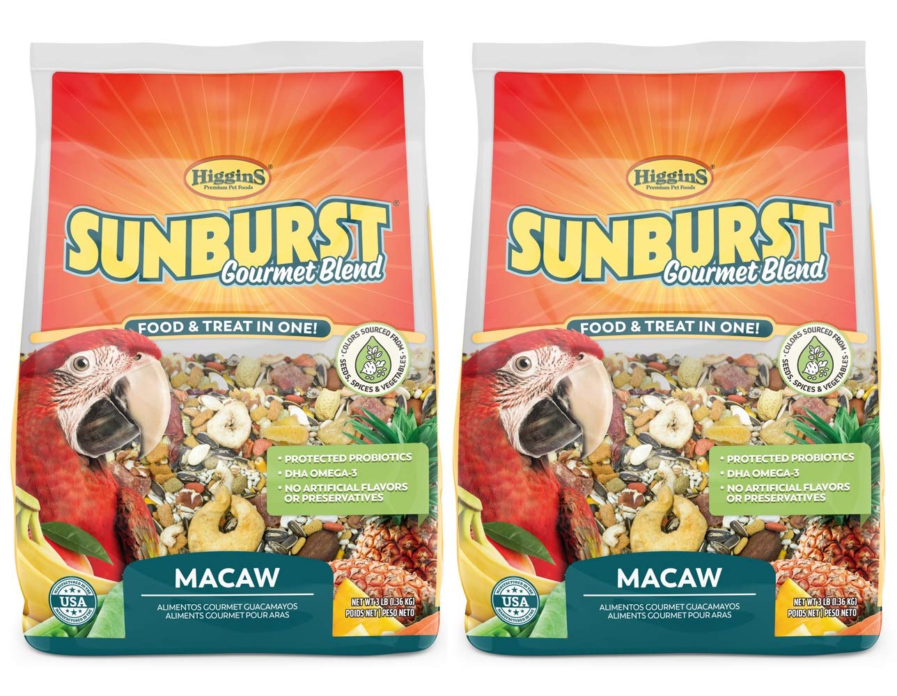 Higgins 2 Pack of Sunburst Gourmet Blend Macaw Food, 3 Pounds Each, with Protein Egg Food