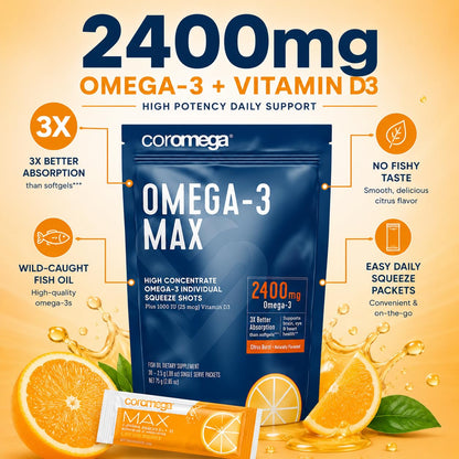 Coromega MAX 2400mg Omega-3 Fish Oil + Vitamin D Squeeze Packets, Wild-Caught, No Fishy Taste - 3X Better Absorption Than Softgels, Supports Brain & Heart Health