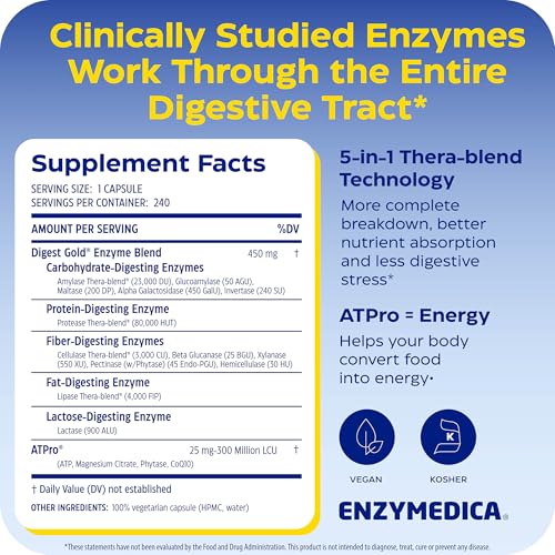 Enzymedica Digest Gold + ATPro, Maximum Strength Digestive Enzymes
