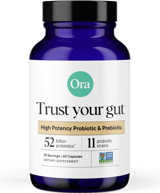 Ora Organic Probiotics and Prebiotics for Digestive Wellness - 16 Billion CFU, 6 Clinically Studied Strains, Vegan, Dairy & Gluten Free | Nourish Your Gut Health, 60 Capsules