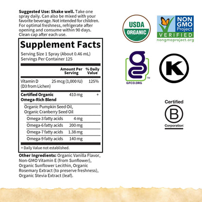 Garden of Life mykind Organics Vegan Vitamin D3 for Women and Men, Liquid 1000 IU Per Spray, D3 Plus Omegas - Vanilla Flavor - 125 Servings - 2fl oz Liquid Whole Food D3 Vitamin Supplement