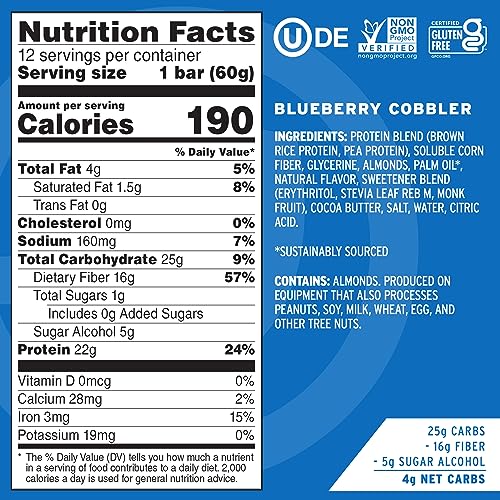 No Cow High Protein Bars, Blueberry Cobbler - Healthy Snacks, 20g Vegan Protein