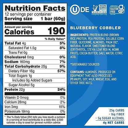 No Cow High Protein Bars, Blueberry Cobbler - Healthy Snacks, 20g Vegan Protein