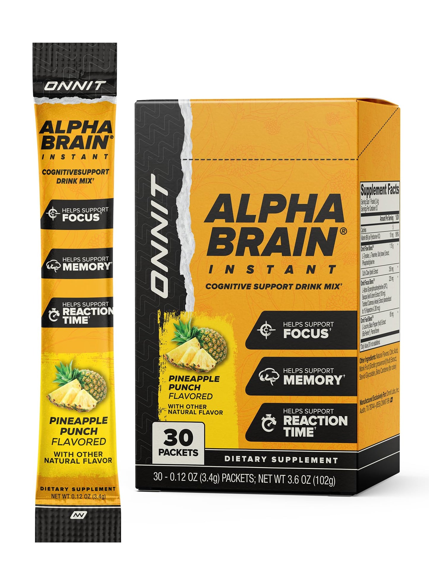 ONNIT Alpha Brain Instant - Pineapple Punch Flavor - Nootropic Brain Booster Memory Supplement - Brain Support for Focus, Energy & Clarity - Alpha GPC Choline, Cats Claw, L-Theanine, Bacopa - 30ct