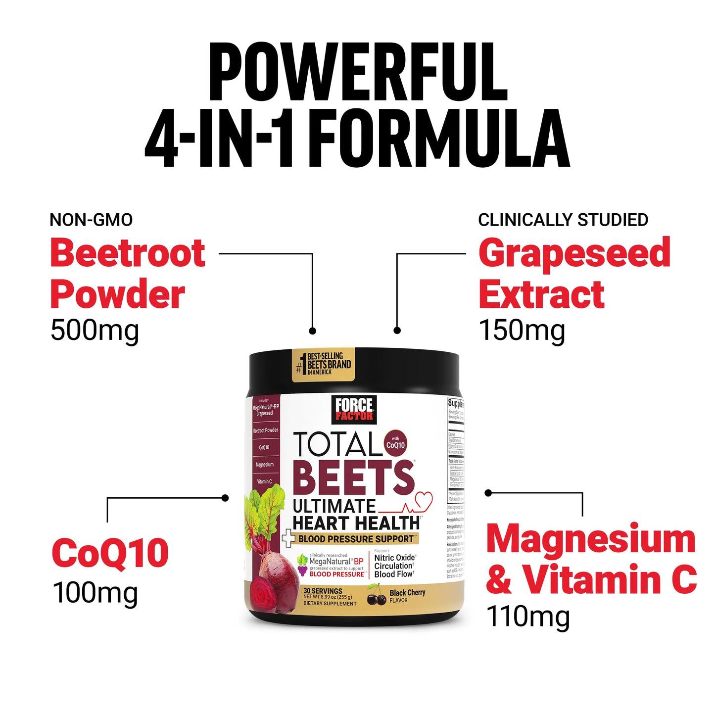Force Factor Total Beets Energy Drink Mix, Superfood Beet Root Powder with Nitrates to Boost Energy and Support Circulation, Blood Flow, Nitric Oxide and Stamina, Heart Health Supplement