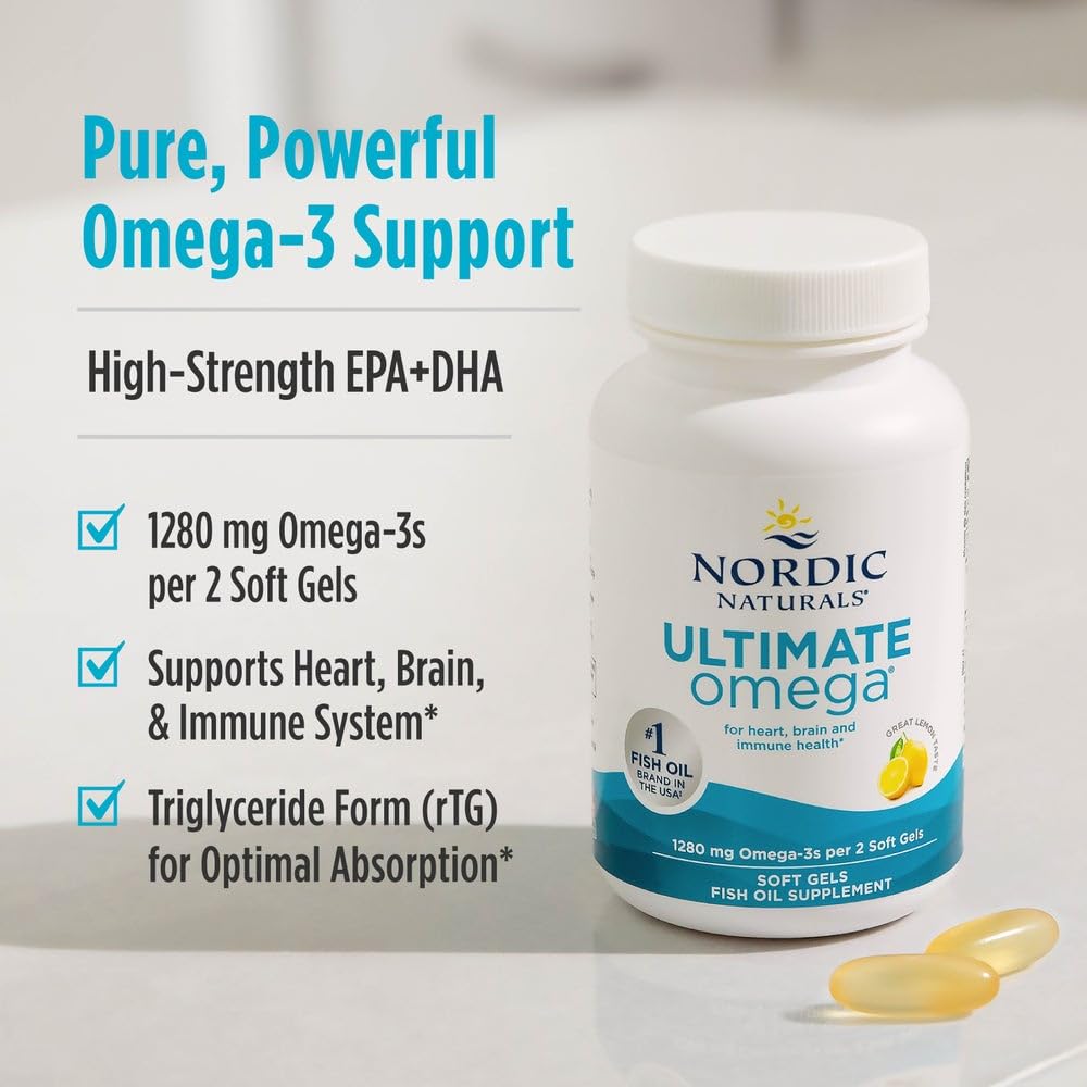 Nordic Naturals Ultimate Omega, Lemon Flavor - 1280 mg Omega-3 - High-Potency Fish Oil with EPA & DHA - Promotes Brain & Heart Health - Non-GMO