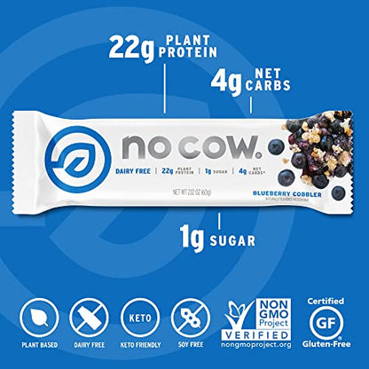 No Cow High Protein Bars, Blueberry Cobbler - Healthy Snacks, 20g Vegan Protein