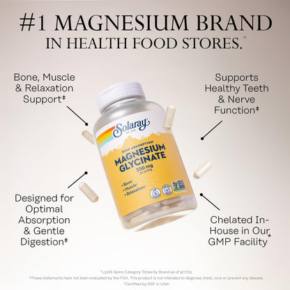 SOLARAY Magnesium Glycinate Capsules, Chelated Magnesium Bisglycinate w/BioPerine, Higher Absorption Magnesium Supplement - Bones, Muscles, Heart Support, Vegan