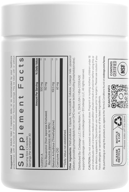 Codeage Liposomal Urolithin A Supplement 500mg Per Serving + Resveratrol, Betaine, CoQ10, Ellagitannins - A New Frontier Beyond NADH, NMN, NAD, NR, and PQQ Vitamins - Bioavailable - 60 Capsules