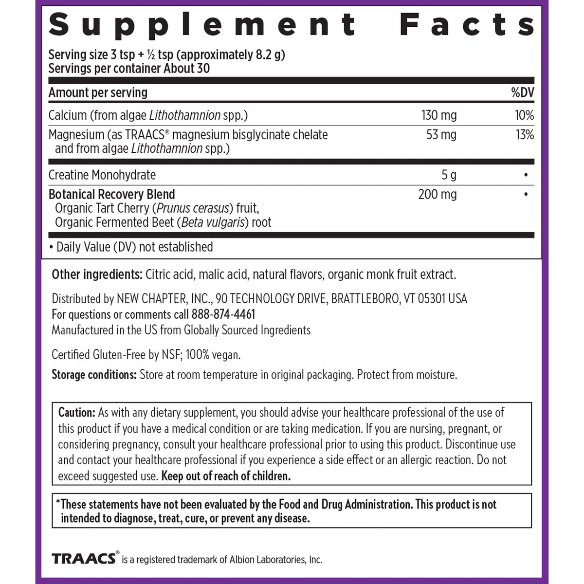 New Chapter Creatine Complex Calcium & Magnesium Rasberry Lemonade Powder — Product label and ingredients