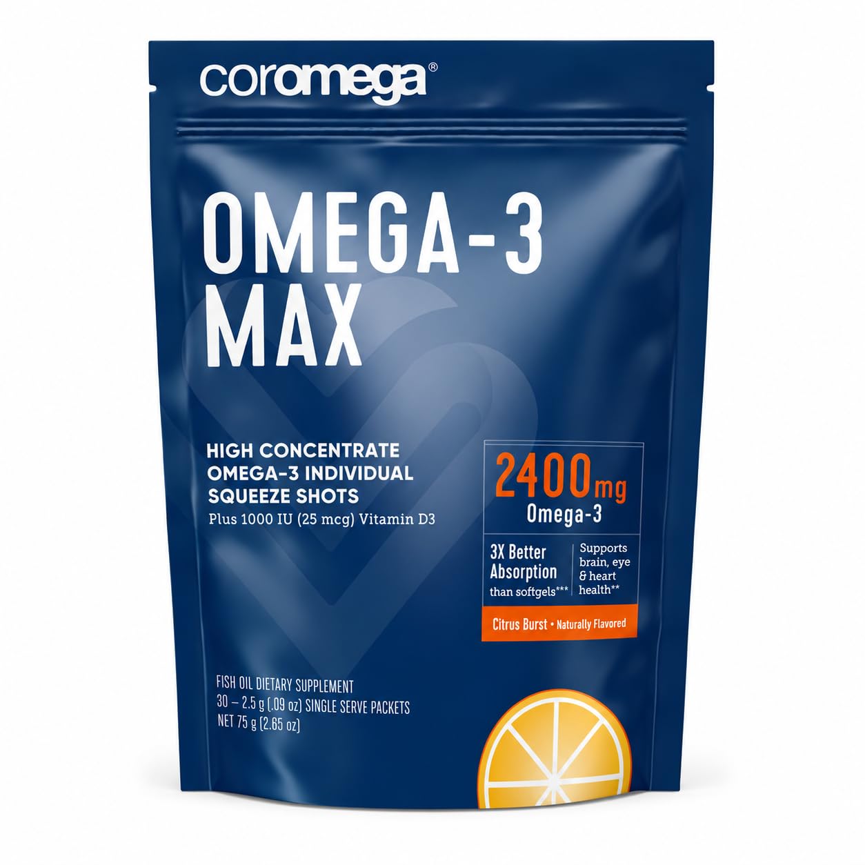 Coromega MAX 2400mg Omega-3 Fish Oil + Vitamin D Squeeze Packets, Wild-Caught, No Fishy Taste - 3X Better Absorption Than Softgels, Supports Brain & Heart Health