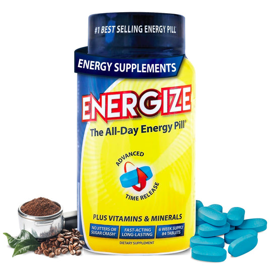 Energize Caffeine Pills, Fast Acting All Day Energy Pills & Natural Nootropics Support Supplement with Time Release Caffeine, Energy Support for Men and Women, No Jitters, No Crash (84 Tablets)